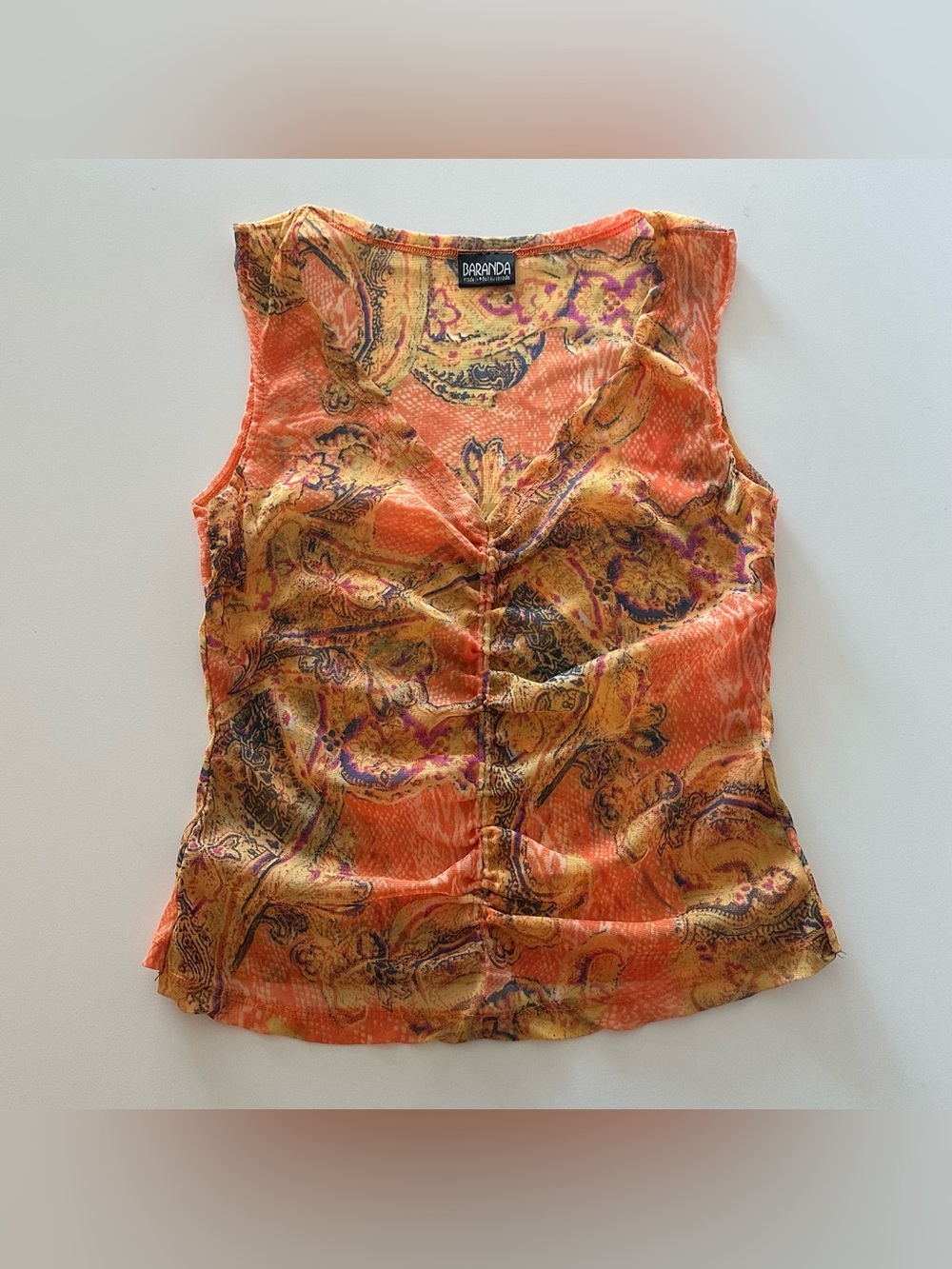 Vintage Y2K Baranda Canada Orange Paisley Ruched Mesh Sheer Tank Top S?